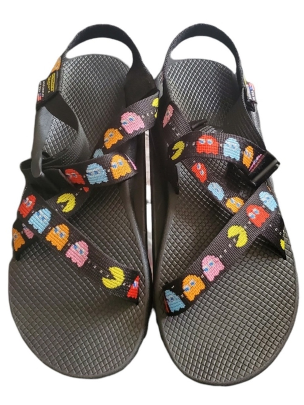Chaco Men Black Sandals with Colorful Pac-Man Straps
